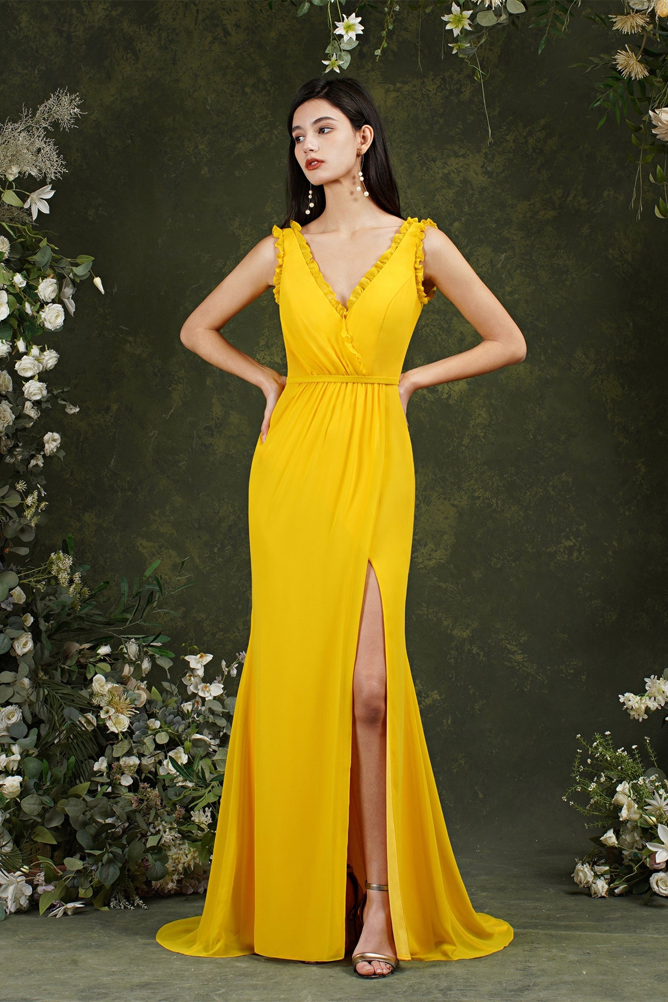 Deep V neck Sleeveless Split Front Floor-Length Prom dress-misshow.com