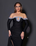 Deluxe Black Floor Length Long Sleeves Mermaid Satin Prom Dress with beads-misshow.com