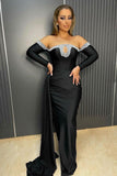 Deluxe Black Floor Length Long Sleeves Mermaid Satin Prom Dress with beads-misshow.com