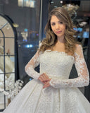 Deluxe Floor Length Long Sleeves A-Line Lace Wedding Dress with Ruffles-misshow.com