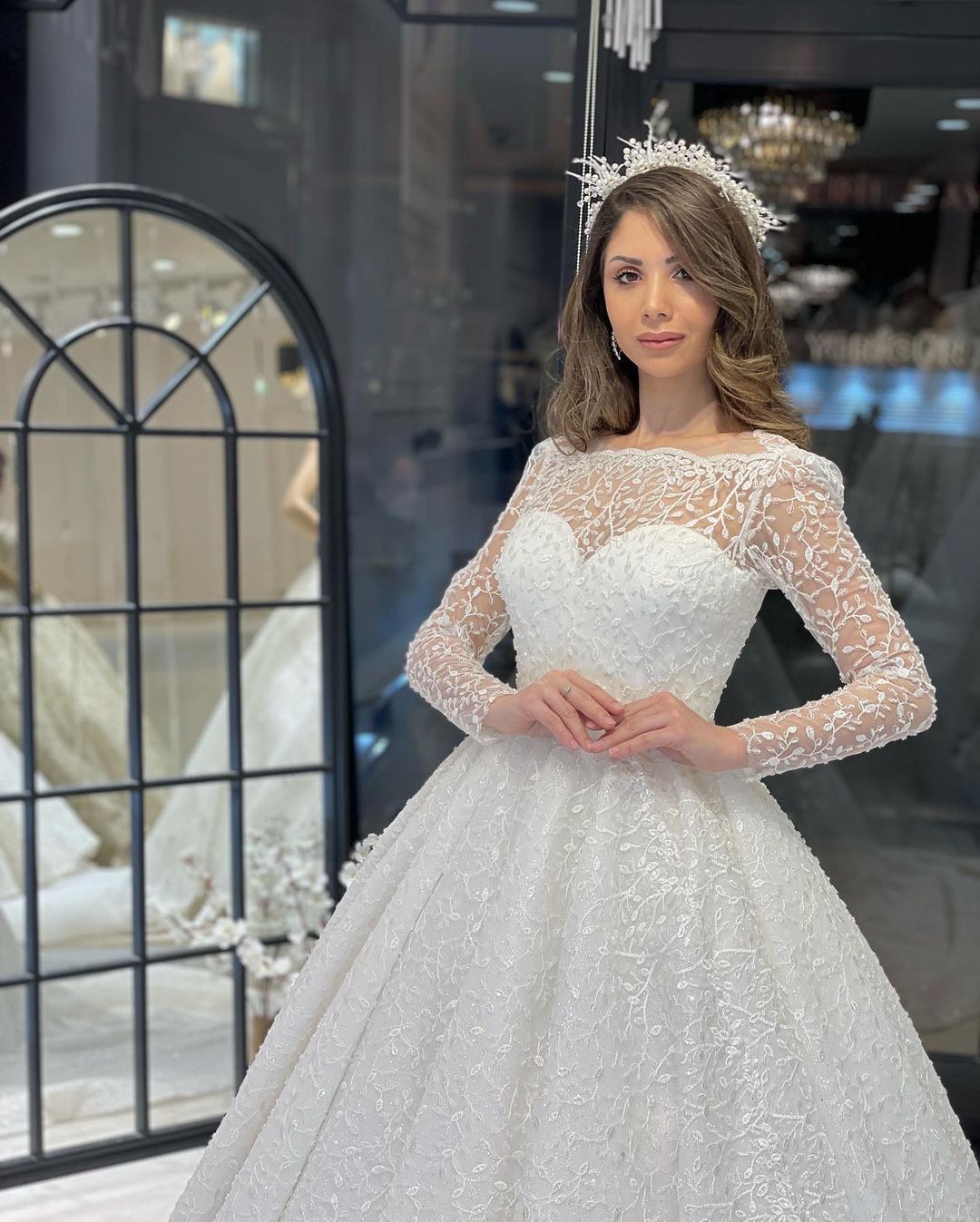 Deluxe Floor Length Long Sleeves A-Line Lace Wedding Dress with Ruffles-misshow.com