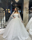 Deluxe Floor Length Long Sleeves A-Line Lace Wedding Dress with Ruffles-misshow.com