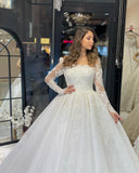 Deluxe Floor Length Long Sleeves A-Line Lace Wedding Dress with Ruffles-misshow.com