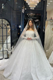 <tc>Luxuriöses, bodenlanges, langärmliges A-Linien-Hochzeitskleid aus Spitze mit Rüschen</tc>