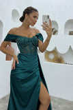 Deluxe Floor Length Off-The-Shoulder Sleeveless Mermaid Satin Prom Dress with Split-misshow.com