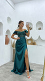 Deluxe Floor Length Off-The-Shoulder Sleeveless Mermaid Satin Prom Dress with Split-misshow.com