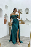 Deluxe Floor Length Off-The-Shoulder Sleeveless Mermaid Satin Prom Dress with Split