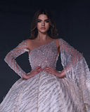 Deluxe Floor Length One-Shoulder A-Line Sequined Wedding Dress with Ruffles-misshow.com