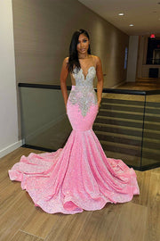 Deluxe Floor Length Sleeveless Mermaid Sequined Prom Dress with Ruffles