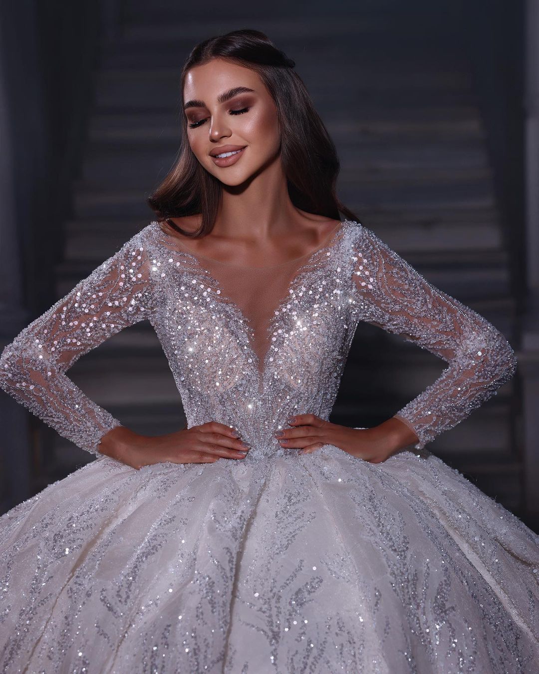 Deluxe Floor Length Sweetheart Long Sleeves A-Line Sequined Wedding Dress with Ruffles-misshow.com