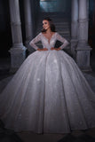 Deluxe Floor Length Sweetheart Long Sleeves A-Line Sequined Wedding Dress with Ruffles