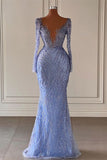 Deluxe Floor Length V-Neck Long Sleeves Mermaid Satin Prom Dress with Beads-misshow.com