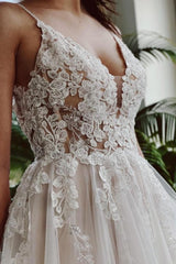 Designer A-line Appliques V-neck Wedding Dresses With Lace-misshow.com