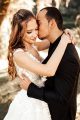 Designer A-Line Boho V-neck Straps Wedding Dresses With Lace-misshow.com