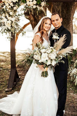 Designer A-Line Boho V-neck Straps Wedding Dresses With Lace-misshow.com