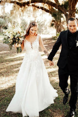 Designer A-Line Boho V-neck Straps Wedding Dresses With Lace-misshow.com