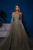Designer A-line Off-the-shoulder Long Sleeves Sequined Prom Dress