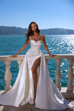 Designer A-line Satin Sleeveless Split Wedding Dress With Train