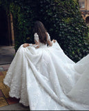 Designer A-line White Long Sleeves Lace Appliques Wedding Dress With Train-misshow.com