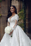 Designer A-line White Long Sleeves Lace Appliques Wedding Dress With Train-misshow.com