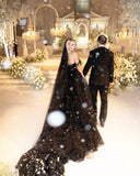 Designer Black A-Line Off-the-shoulder Glitter Wedding Dresses With Lace-misshow.com