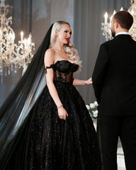 Designer Black A-Line Off-the-shoulder Glitter Wedding Dresses With Lace-misshow.com