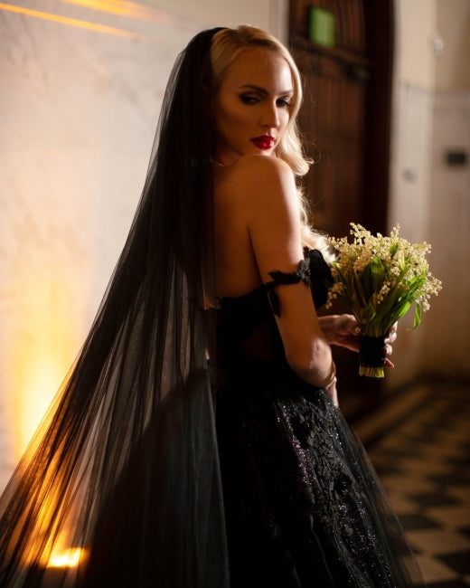 Designer Black A-Line Off-the-shoulder Glitter Wedding Dresses With Lace-misshow.com