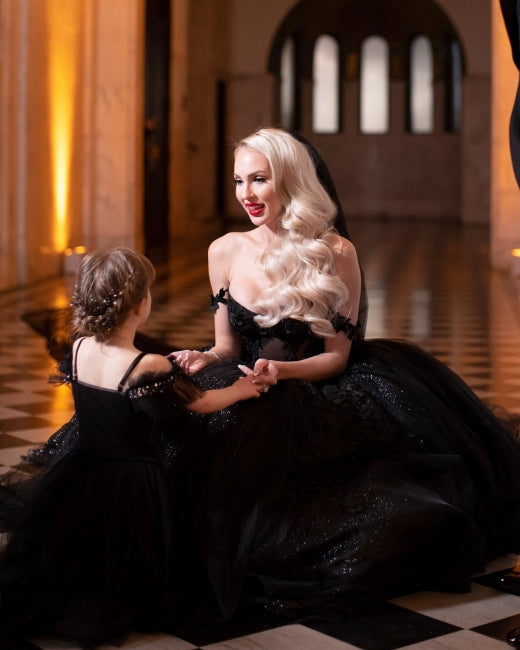 Designer Black A-Line Off-the-shoulder Glitter Wedding Dresses With Lace-misshow.com