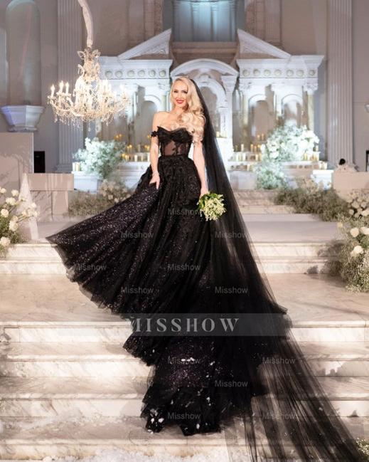 Designer Black A-Line Off-the-shoulder Glitter Wedding Dresses With La
