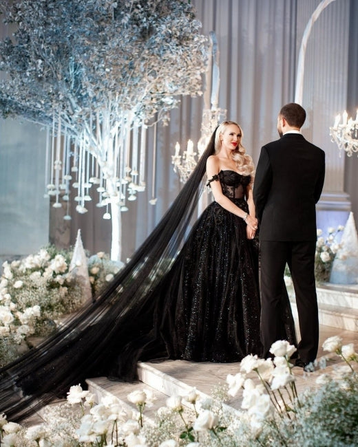 Designer Black A-Line Off-the-shoulder Glitter Wedding Dresses With Lace-misshow.com