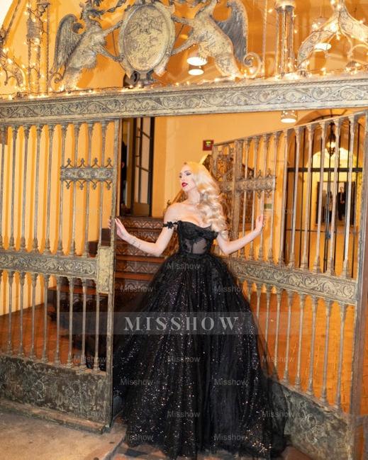 Designer Black A-Line Off-the-shoulder Glitter Wedding Dresses With Lace Designer Black A-Line Off-the-shoulder Glitter Wedding Dresses With Lace