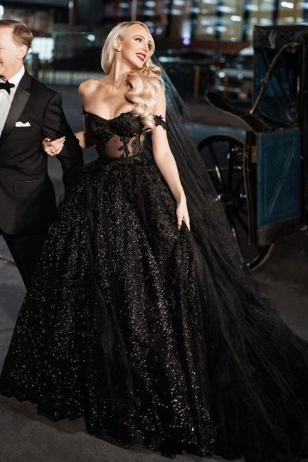 Designer Black A-Line Off-the-shoulder Glitter Wedding Dresses With La