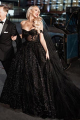 Designer Black A-Line Off-the-shoulder Glitter Wedding Dresses With Lace-misshow.com