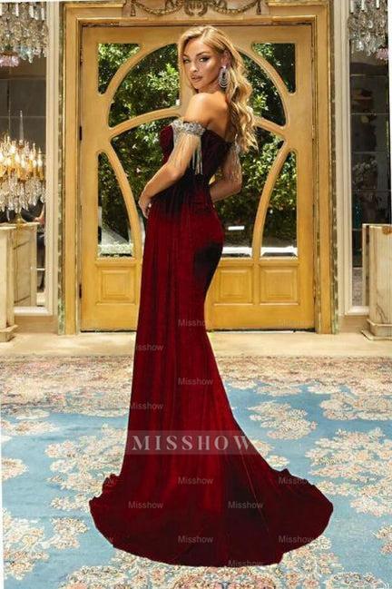 Designer Burgundy Off-the-shoulder Velvet Long Prom Dresses Evening Gowns With Slit Designer Burgundy Off-the-shoulder Velvet Long Prom Dresses Evening Gowns With Slit