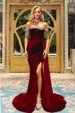 Designer Burgundy Off-the-shoulder Velvet Long Prom Dresses Evening Gowns With Slit