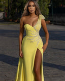 Designer Elegant Long Yellow Split Prom Dresses with Glitter-misshow.com