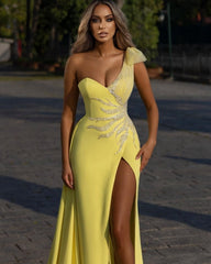 Designer Elegant Long Yellow Split Prom Evening Dresses with Glitter-misshow.com
