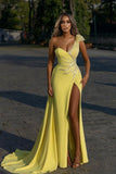 Designer Elegant Long Yellow Split Prom Dresses with Glitter-misshow.com