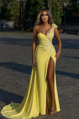 Designer Elegant Long Yellow Split Prom Evening Dresses with Glitter-misshow.com