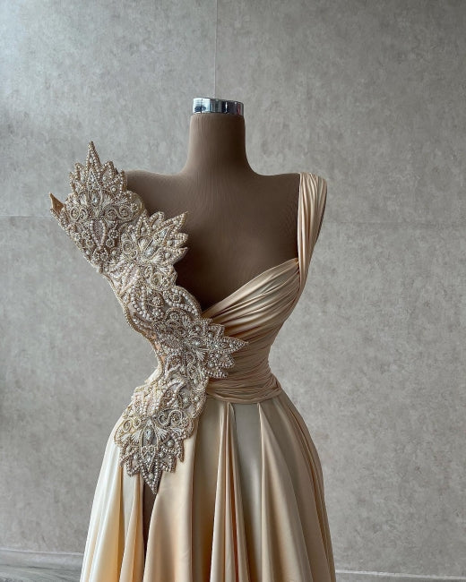 Designer Elegant Sleeveless A-line Long Glitter Silt Prom Evening Dresses-misshow.com