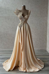 Designer Elegant Sleeveless A-line Long Glitter Silt Prom Evening Dresses-misshow.com