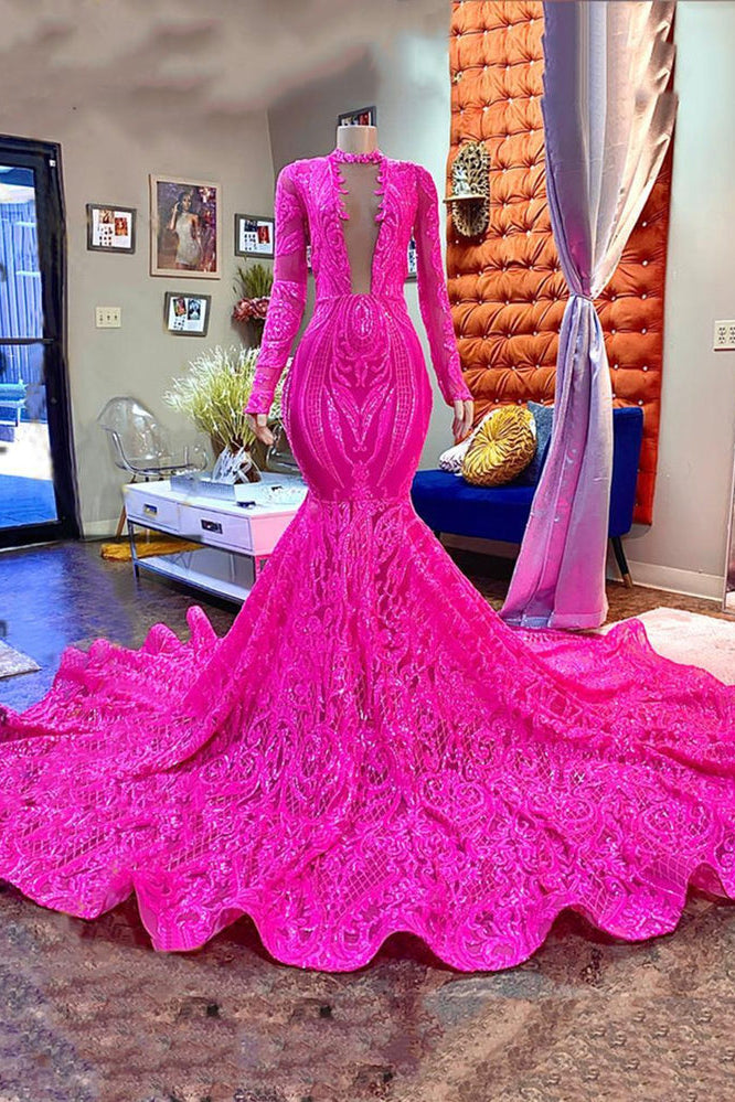 Designer Fuchsia Long Sleeves V-neck Mermaid Sparkle Long Prom Dress-misshow.com