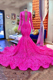Designer Fuchsia Long Sleeves V-neck Mermaid Sparkle Long Prom Dress