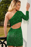 Designer Green One Shoulder Long Sleeve Short Homecoming Dresses-misshow.com
