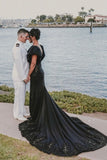 Designer jewel sleeveless mermaid satin split Wedding dresses with lace-misshow.com