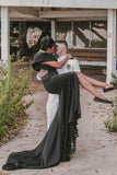 Designer jewel sleeveless mermaid satin split Wedding dresses with lace-misshow.com