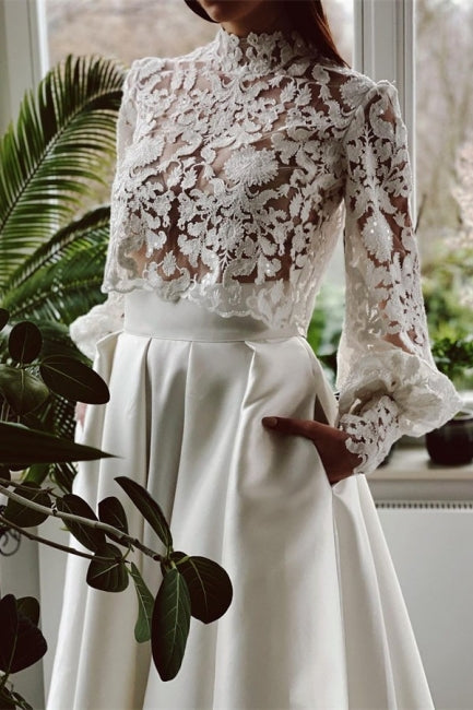 Designer Long A-line High Neck Lace Wedding Dresses With Long Sleeves-misshow.com