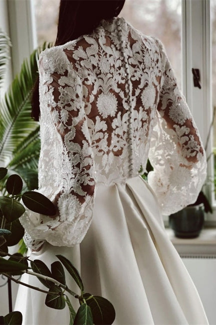 Designer Long A-line High Neck Lace Wedding Dresses With Long Sleeves-misshow.com