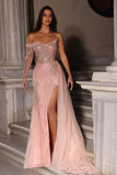 Designer Long A-line Off-the-shoulder Lace Long Sleeve Tulle Prom Dress With Slit-misshow.com