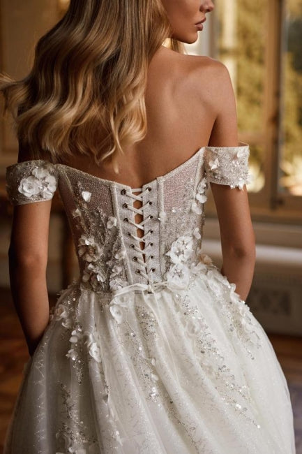 Designer Long A-line Off-the-shoulder Lace Wedding Dresses With Glitter-misshow.com